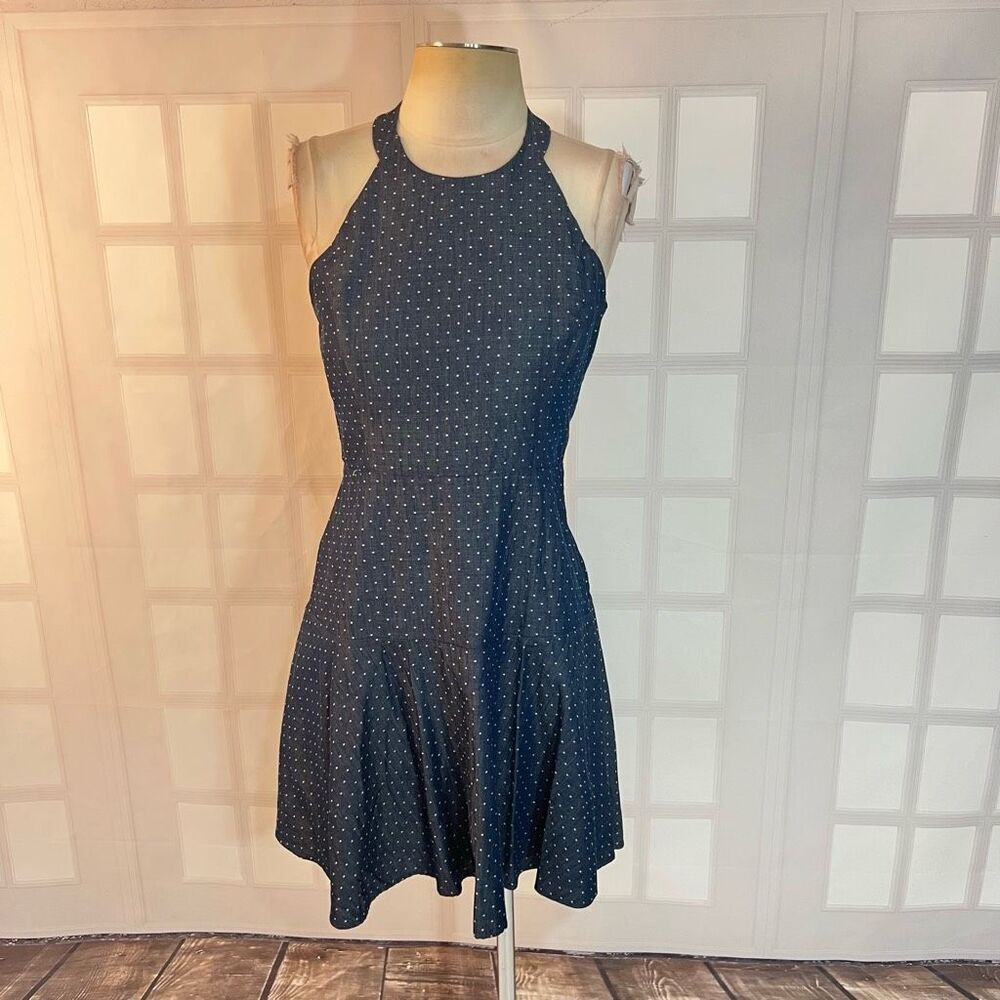 Parker Blue White Polka Dot Sleeveless Halter Denim Chambray Mini Dress Sz Small